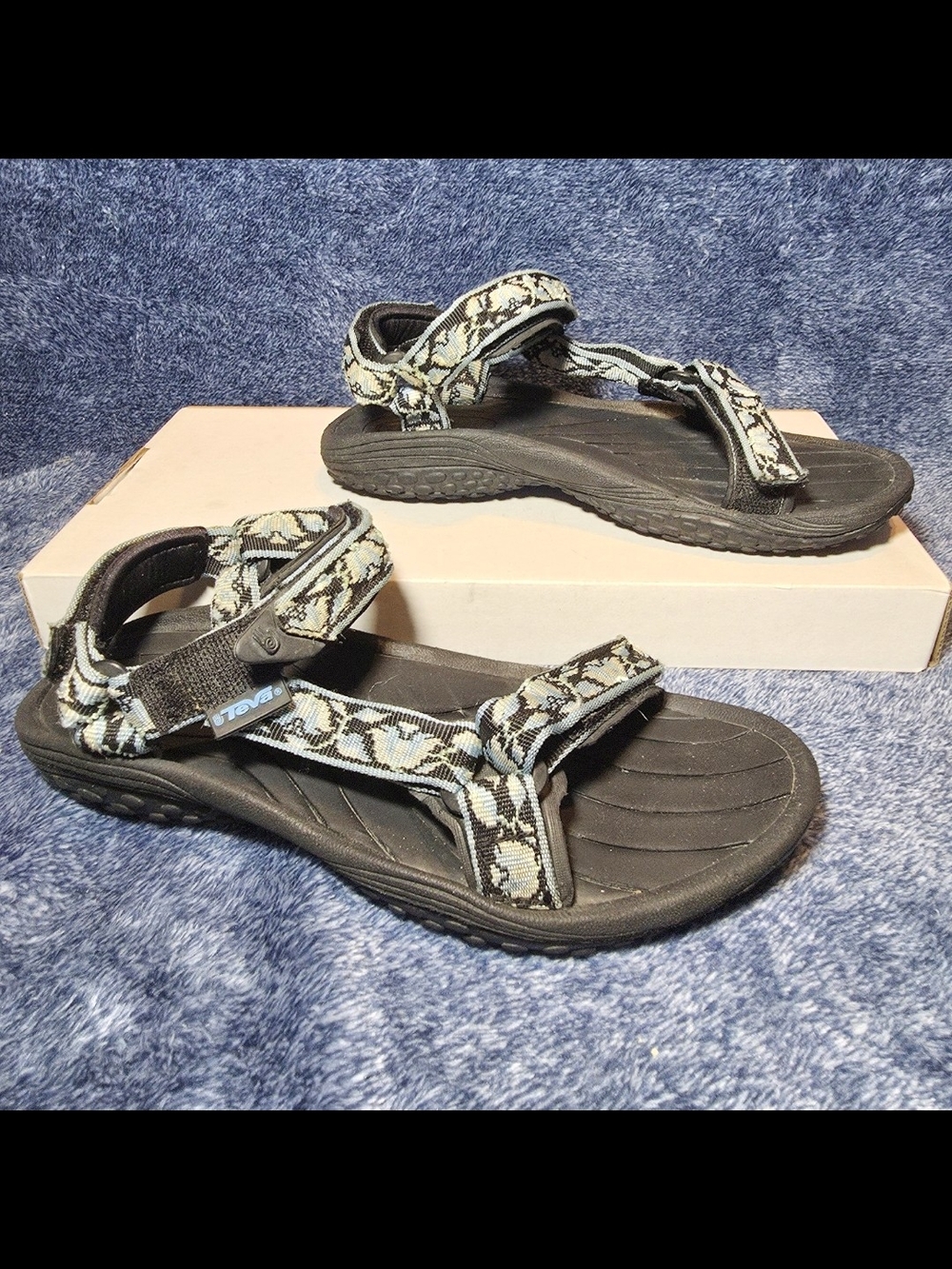 Teva Black Hurricane Sandals with Blue Floral Straps